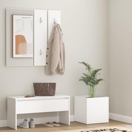 SooIarix Hallway Furniture Set White Engineered Wood, Entryway Bench with Storage, Mirror, Coat Racks, Planter, Shoe Rack for Entryway, Living Room Furniture