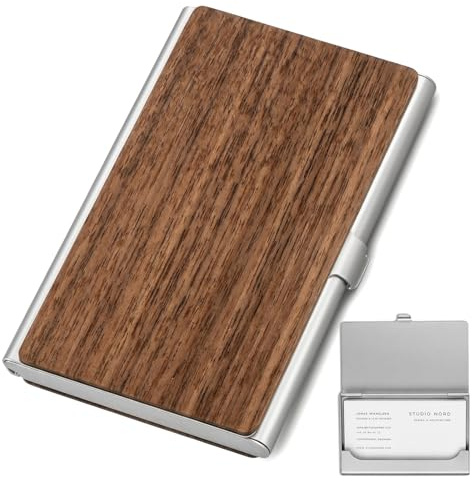 Zirax Black Walnut & Aluminum Business Card Holder, Professional Metal Card Case for Men and Women, Slim Pocket Business Card Wallet, Holds 15 Cards