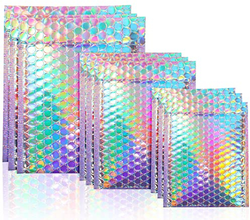 100 Pack Metallic Padded Bubble 3 Sizes Mailers Shipping Mailers Holographic Poly Mailers Foil Glitter Bubble Lined Padded Envelopes Adhesive Seal Closure Envelopes Shipping Bags for Mailing Packing
