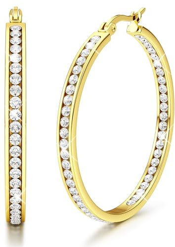 Adramata Creoles Acier Inoxydable Boucles D'oreilles Femme Créoles Zircon Cubique Creoles Or Femme 50mm
