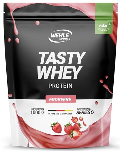 Whey Protein Pulver [Erdbeere] - High Protein Eiweißpulver Shake - Protein Powder Molkenproteine Proteinshake mit 22g Protein je Portion - Shake mit BCAA & EAA (1000g) Wehle Sports®