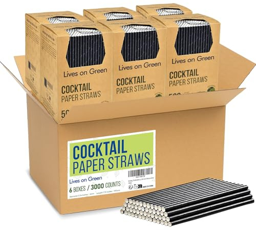 Engångs drickshalmar av svart papper i stora mängder för cocktails, kaffe och blandade drycker – 7,7 x 0,24 tum, 3000 stycken – för barer och restauranger