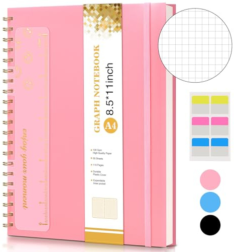 Graph Paper Notebook, Spiral Notebook Journal 8.5” x 11”, A4 Large Grid Notebooks for Women Men, 100 GSM Graph Paper, Plastic Hardcover Spiral Graphing Journals for Work School Engineering, Pink