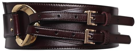 Inzegao Women Double Buckle Obi Belt for Dress Wide Leather Waistband Belt for Blouse D Ring Cinch Belts for Sweater, Dark Red Brown, One Size