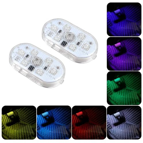 2 Pcs Car Led Interior Lights, 7 Colors Footwell Lights for Cars Interior Ambient Lighting USB Rechargeable Wireless Touch Car Light for Boot, Doors, Armrest Boxes, Sitting Areas