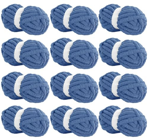 Hombys Country Blue Chunky Chenille Yarn for Crocheting & Knitting, Super Bulky, Soft Plush, 12 Jumbo Packs (27 yds, 8 oz Each)