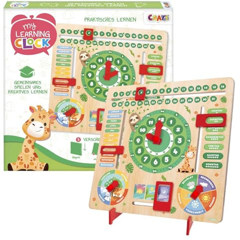CRAZE My Learning Clock Animals – Lernuhr für Kinder aus Holz, Kalenderuhr zum Lernen für Kinder , Lerntafel Uhr Jahreszeiten Wanduhr, grün