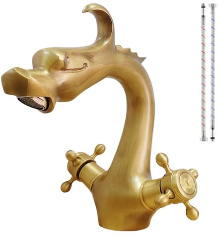 KOPYFANTAP Robinet de Salle de Bain en Laiton Antique, Double Poignée Mitigeur de Lavabo Bronze Vintage, Rétro Tête de Dragon Robinets de D'évier D'eau Chaude et Froide (19.5cm)