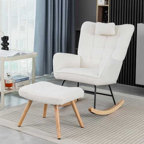 Ymkua Schaukelstuhl Wohnzimmer mit Hocker, Schwingsessel Armlehnsessel, 92 cm hohe Armlehnstuhl mit Kopfstütze und Fußstütze Sessel Schlafzimmer, Weiß Armchair mit Ottoman für Erwachsene Kinder