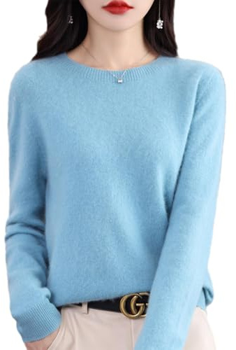 QuyiFa Suéteres de Cachemira para Mujer, jerséis de Cachemira, suéter de Lana Merino para Mujer, suéter de Punto Ligero (Azul Claro,XL)