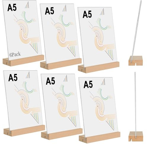 kiptyg 6 Stück Tischaufsteller A5, Acryl Tischständer mit Holzfuß – Doppelseitiger Displayständer für Preisschilder, Menükarten – Ideal für Restaurants, Cafés, Büros(14,8 x 21 cm, Hoch Schräg)