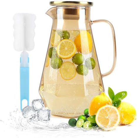 2L Glass Jug with Lid & Cleaning Brush, Borosilicate Heat-Resistant Glass Pitcher for Iced Tea, Sangria, Cocktail, Juice, Milk, Coffee - Hot & Cold Beverage Carafe (Amber)