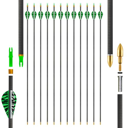 SERfawnCH Lot de 12 Flèches Carbone pour Chasse & Cible - 80cm, Pointes Amovibles pour Arc Composite/Recourbé
