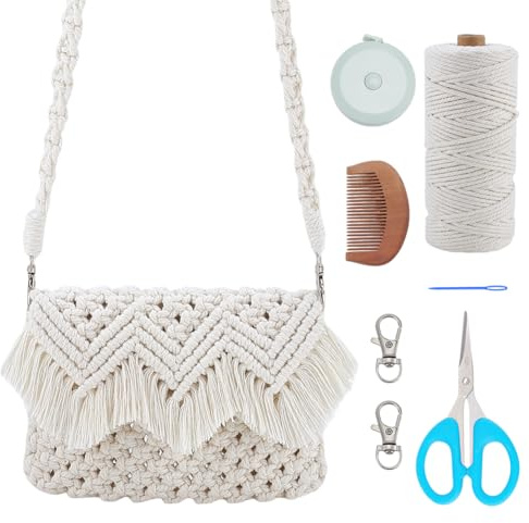 WEBEEDY DIY Makramee Taschen Set Mit Quasten Beige Umhängetasche Bastelset Für Erwachsene Anfänger DIY Knoten Schultertasche Set Mit Video Anleitungen 3mm Makramee Schnur Werkzeuge