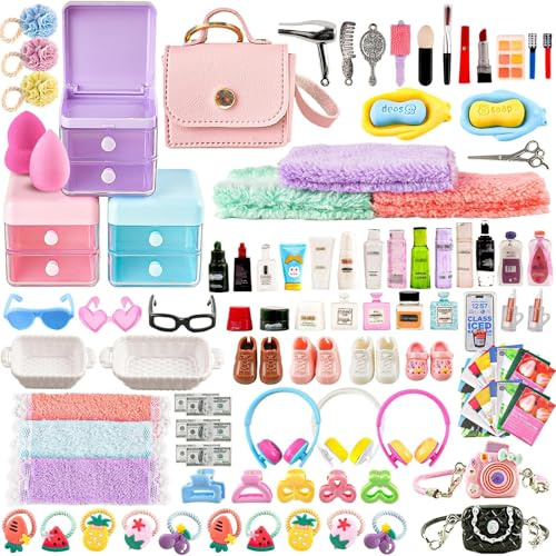 116Pcs Dollhouse Mini Accessories Set - Makeup Tools Bathroom Toiletries Handbag for DIY Micro Scene Decoration Simulation Shampoo Hair Dryer Cosmetic Brush for Bedroom Girl Novelty Toy Jewelry Box