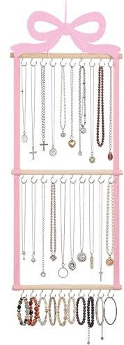 Sliner Pink Bow Hanging Jewelry Organizer Coquette Necklace Holder Wall Mounted with 30 Hooks Jewelry Hanger over Door Necklace Rack for Earrings Bracelets Headband Rings Women Bedroom Decor