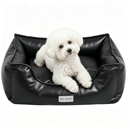 Marchul Faux Leather Cat Bed, Waterproof Dog Sofa Bed, Pet Couch with Non-Slip Bottom for Small Dogs & Cats, 65x45cm, Black