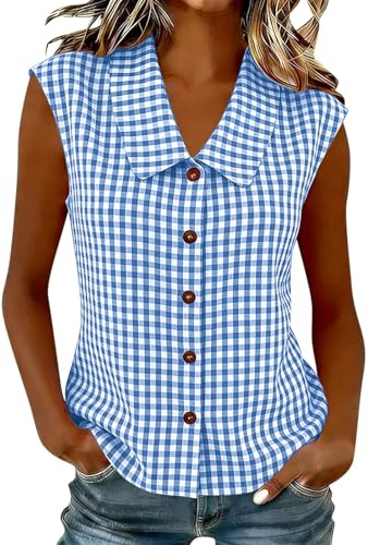 Women's Gingham Cotton Linen Vest Top Peter Pan Collar Summer Casual Button Down Sleeveless Blouse Lightweight Breathable Gauze Fabric T-Shirts Cute Plaid Tank Tops for Ladies Checkered Tee