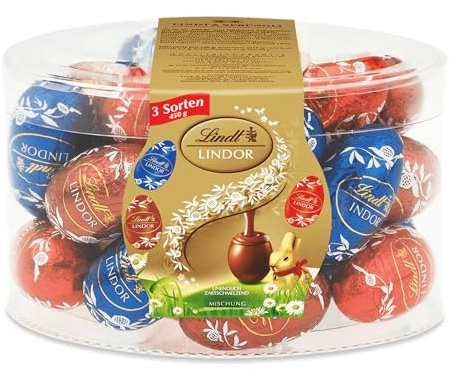 Lindt LINDOR Eier Mischung | 450g Beutel | 9x Vollmilch, 8x Feinherb, 8x Noisette | Zartschmelzende Schokoladeneier | Osterschokolade | Schokoladengeschenk | Ostereier Vielfalt | Genuss zu Ostern