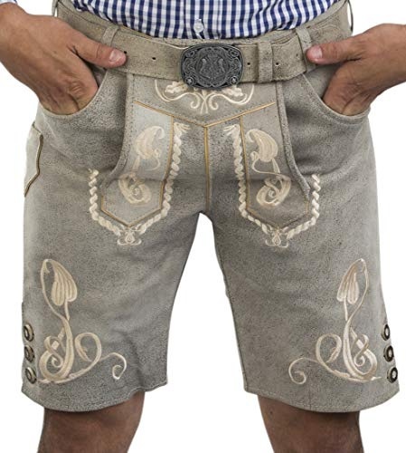 Pantalones Cortos de Cuero de Cristal de Roca Bergkristall para Hombres Incl. cinturón de Traje Tradicional - Tradicional Trachten Lederhosen Vintage (56, Gris)