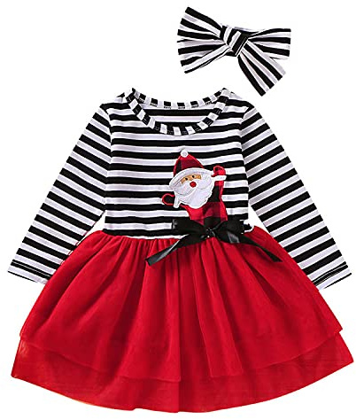 Verve Jelly Abito da bambina in tulle con stampa alce a maniche lunghe a righe con stampa alce, gonna tutu con fascia per capelli, completo, rosso-santa 120 4-5 anni