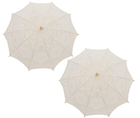 THY COLLECTIBLES Pack of 2 Cotton Lace Parasols Umbrellas with Wooden Handle Vintage Lolita Look for Wedding Bridal Umbrella Decoration for Photoshoot, Costume Theme Party, Halloween (Ivory)