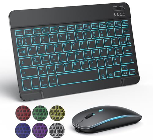 Clavier Souris sans Fil TECURS Clavier pour iPad/Samsung/Lenovo/iPhone Tablette Silent Rétroéclair, Bluetooth Clavier et Souris Léger Rechargeable Portable AZERTY pour iOS, Android (Noir)