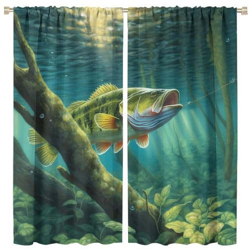 Hazuff Fishing Curtains, Green Forest Pond Lake Bottom Seagrass Deadwood Fishing Bass Pattern Windows Treatments, Thermal Insulation Rod Pocket Drapes for Girls Boys Living Room Bedroom 42x45in
