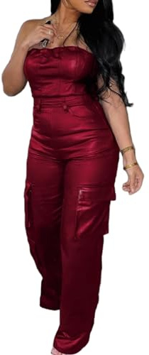 REASERAL Womens PU Leather Jumpsuit Sexy Off the Shoulder Top Tight Waist Cargo Pants Bodysuit
