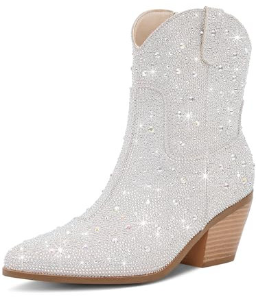 RONILURN Cowgirl Ankle Boots Cowboy Boots for Women Western Booties Rhinestone Chunky Heel Fashion Comfortable Side Zipper