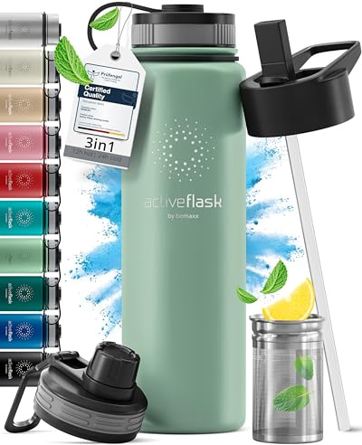 Trinkflasche Edelstahl ACTIVE FLASK + Strohhalm (3 Deckel) BPA-frei, Auslaufsicher, Kohlensäure geeignet - Wasserflasche Fahrrad Thermosflasche Isoliert Isolierflasche Sport Wasser Flasche Kinder Tee