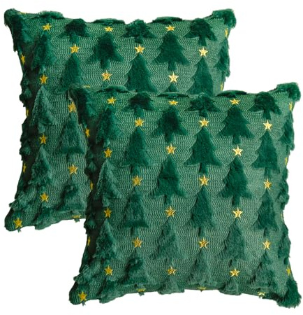 Artoid Mode Fodere per cuscino in pelliccia sintetica verde e oro con alberi di pino di Natale, set da 2, 45 x 45 cm, velluto invernale per divano, decorazione per la camera da letto