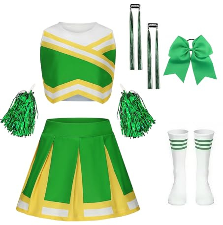 yecwkaz Costume da Cheerleader per Ragazze, Vestito Cheerleader Bambina Cheerleading Outfit con pompon, calze, parrucche per Halloween Carnevale Evento Sportivo,Green 140cm