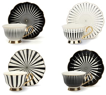 Excelsa Alice Set 4 Tazze da Tè con Piattino, New Bone China, Bordo Oro, Design Geometrico