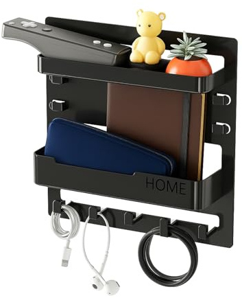JWShang Mensola da comodino da parete, mensola adesiva da parete con ganci, clip per cavi, auricolari, chiavi, occhiali, telecomando, organizer da parete per camera da letto, dormitorio, camper (nero)