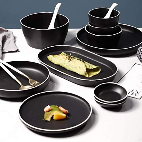 GIQKDZNUO Service de Table en céramique, 48 pièces, Vaisselle en Porcelaine Noire Mate, Assiettes à Steak et Bols à céréales, pour Restaurant spécialisé