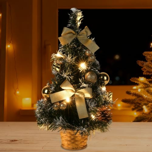 XPJBKC Mini julgran liten med belysning LED, 40 cm mini julgran, liten julgran med belysning, julgranskulor och ornament för juldekoration