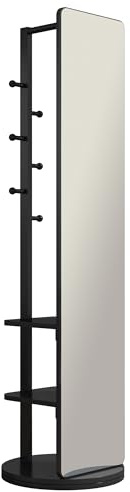 360° Rotating 66x14 Multifunctional Full Length Mirror with Hook Storage Rack Coat Rack with Mirror Solid Wood Floor Mirror Bedroom Living Room Cloakroom Space Saving (Black)