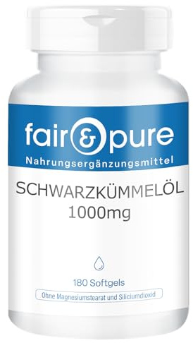 Aceite de comino negro Fair & Pure 100 mg, 180 unidades, 1000mg de aceite de comino negro por cápsula blanda, prensado en frío, complemento alimenticio sin aditivos, fabricado en Alemania