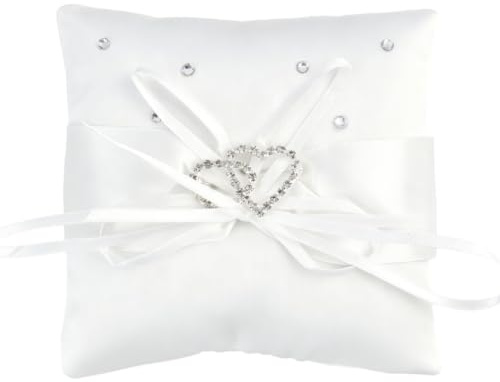 Cojín para Anillo de Bodas de 10x10 cm con Lazo de Satén, Almohada para Alianza con Corazones de Strass, Porta Anillos para Boda en Blanco