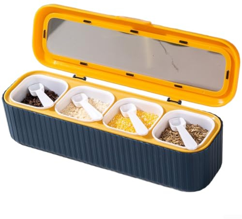 Kryddlåda med 4 fack lufttät med skedar – transparent kryddburk för kök – praktisk kryddbehållare organisatör – perfekt för matlagning och bakning – 27,5 x 7,5 x 8 cm blå rosa grön orange (A)