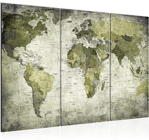 Runa Art Världskarta Väggmålningar vardagsrum XXL Grön Antik 120 x 80 cm 3 Delar Väggdekoration 103431c