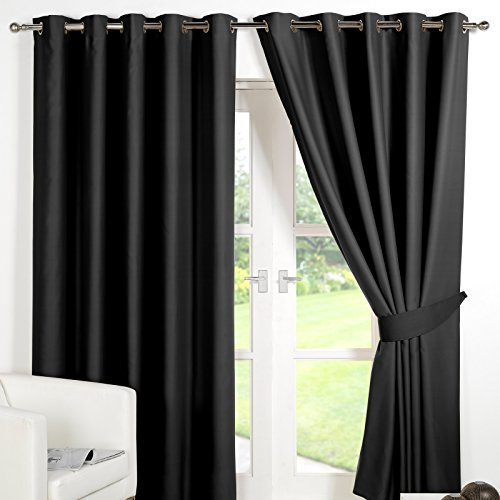 Dreamscene Eyelet Blackout Curtains in Black - Modern Thermal Lined for Bedroom and Living Room, Soft Decorative, 66x72