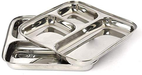 Satre Online and Marketing Stainless Steel Square Multipurpose Dinner Plate Set of 2,Compartment Plate 3 In 1 Set Of 2,Pav Bhaji Plate Set of 2