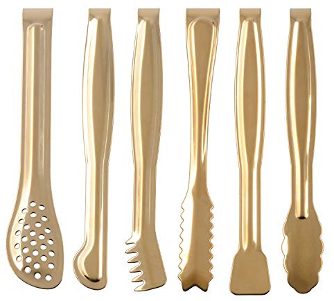 HINMAY Gold Plated Mini Serving Tongs Set 6-Inch Appetizers Tongs Stainless Steel Small Sugar Cube Tongs Ice Tongs, Set of 6