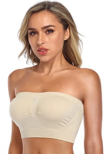 ANGOOL Strapless Bandeau Bra Seamless Non Padded Boob Tube Bra, Beige, XL