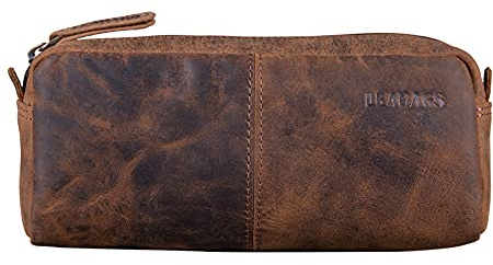 LEABAGS Leder Federmäppchen I Große Echtleder Federmappe I Federtasche für Beruf Uni Schule I Schlampermäppchen I Stiftetui I Stiftmappe I Ledermäppchen I Vintage Dunkelbraun