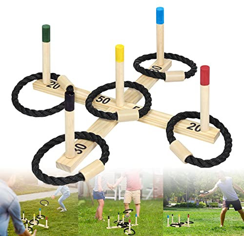 ACXIN Wurfspiel Kinder Ringwurfspiel Set aus Holz - Garten Spiele mit 5X Ständer + 5X Nylonwurfringe + 1x Wurfkreuz, Draußen Kinderspiele für ganz Familie