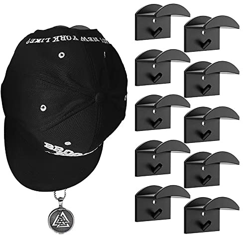 MOSTRUST Upgraded Adhesive Hat Hooks for Wall Mount with Screws(10-Pack), Hat Rack Special for Baseball Caps, Hat Hangers Holder Storage Organizer for Room Decoration(Black)