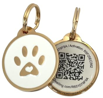 Pet Dwelling QR Pet Tag – Easy Scan Instant Location Alerts, Online Pet Profile with AI Feature for Dogs & Cats (Lux Gold White Paw)